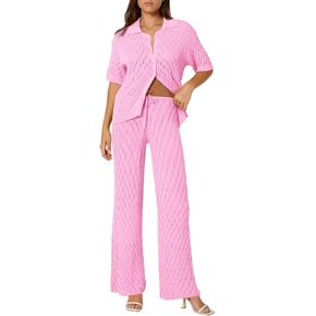 Tankaneo Womens Summer 2 Piece Swimsuit Cover up Crochet Knit Cardigan Tops Long Pants Bathing Suit Beach Outfit