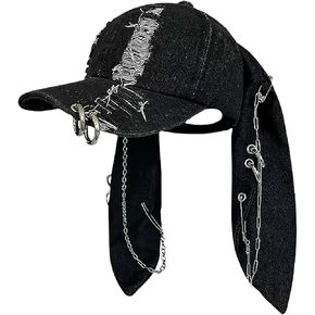 CORIRESHA Cute Bunny Hat with Ears Y2k Grunge Metal Iron Ring Chain Distressed Denim Baseball Cap