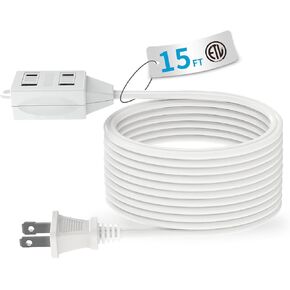 Indoor Extension Cord, 2 Prong 15 Feet Extension Cord, 3 Polarized Outlets with Safety Slide Windows,13A/1625W, 16 AWG