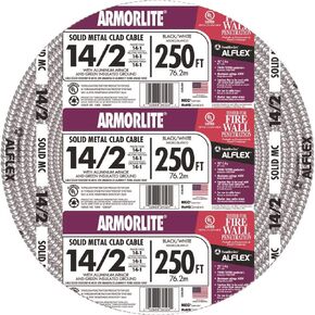 Southwire 68579201 Armorlite Type Mc Aluminum Armored Cable, 14/2, 600 Volts, 250 Ft. Coil
