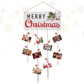 Christmas Card Holder Wooden Merry Christmas Wall Hanging Picture Holders with 30 Snowflake Wooden Clips Picture Holder for Holiday Décor - Rustic Home Office Wall Decor (White)