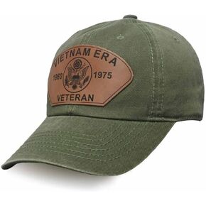 Vietnam Era Veteran Baseball Cap 1960-1975 with Eagle Insignia On Custom Leather Patch | Vintage O.D. Olive Drab
