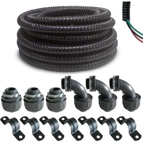 (1/2" Dia * 25 Feet) Yariwiz Black Special Extra Flexible Electrical Conduit Liquid Tight PVC Conduit Kit with 3 PCS Coupling, 3 PCS Elbow and 7 PCS Strap, Sealtight Seal Flex Liquidtight Wire