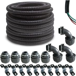(1/2" Dia * 25 Feet) Yariwiz Black Special Extra Flexible Electrical Conduit Liquid Tight PVC Conduit Kit with 3 PCS Coupling, 3 PCS Elbow and 7 PCS Strap, Sealtight Seal Flex Liquidtight Wire