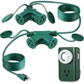 Feekoon 20ft Outdoor Extension Cord with 6 Outlet and Outlet Timer, 16AWG SJTW Green Cord Splitter with Weatherproof Covers, Outdoor Multi Plug Outlet for Christmas Inflatables, Patent Pending