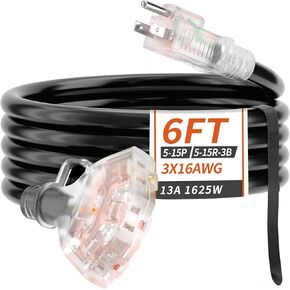 25 FT 16/3 Gauge Outdoor Extension Cord with Multiple Outlets Light Indicator, Flexible 3 Outlet Weatherproof Heavy Duty Extension Cord Waterproof Black, 13A 1625W 16AWG SJTW, ETL Listed