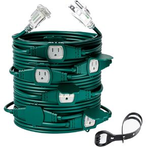 25FT Multiple Power Extension Cord Black,4 Evenly-Spaced Inline Outlet, LED Indicator.16 Gauge 13Amp 1625Watts,Weatherproof Ideal for Outdoor Landscaping Lighting,Holiday Decoration ETL Listed