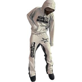Men's 2 Piece Sweatsuit Long Sleeve Star Hoodie Pullover and Y2K Stacked Sweatpants Sets