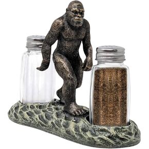 Bigfoot Salt and Pepper Shaker Set with Holder - Mythical Sasquatch Kitchen Décor -Unique Rustic Décor with Glass Shakers -Functional and Stylish Tabletop Seasoning Holder-Gift for Bigfoot Enthusiasts