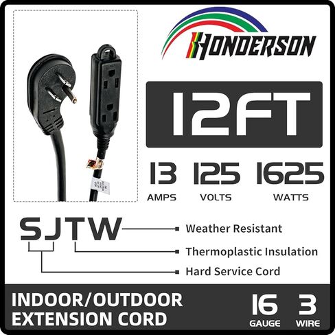 3-Outlets Flat Plug Indoor Outdoor Extension Cord Outlet Extender, UL Listed, 16 Gauge 12FT Black 3 Prong Heavy Duty Extension Cord Multiple Outlets, 16/3 SJTW 13A Flat Plug Power Strip in Saudi Arabia