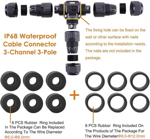 IP68 Waterproof Cable Connector 3-Channel 3-Poles, Outdoor Waterprrof Junction Box Connector,Ideal for 2 or 3 Pin Cables Ø4-12mm,Use for Outdoor Billboards,Tunnel Lights,Road Landscape Lights in Saudi Arabia