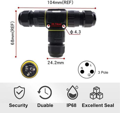 IP68 Waterproof Cable Connector 3-Channel 3-Poles, Outdoor Waterprrof Junction Box Connector,Ideal for 2 or 3 Pin Cables Ø4-12mm,Use for Outdoor Billboards,Tunnel Lights,Road Landscape Lights in Saudi Arabia