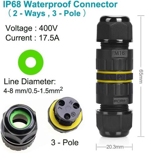 IP68 Waterproof Cable Connector 3-Channel 3-Poles, Outdoor Waterprrof Junction Box Connector,Ideal for 2 or 3 Pin Cables Ø4-12mm,Use for Outdoor Billboards,Tunnel Lights,Road Landscape Lights in Saudi Arabia