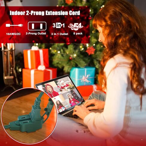 5 Pack Christmas Indoor Extension Cord 6 ft Extension Cord Outdoor with Safety Cap 3 Outlet 16gauge 2 Prong Polarized Outlets for Home Christmas Tree String Lights Decor Connect Extend (Green) in Kuwait
