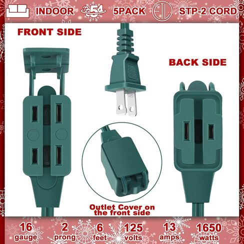 5 Pack Christmas Indoor Extension Cord 6 ft Extension Cord Outdoor with Safety Cap 3 Outlet 16gauge 2 Prong Polarized Outlets for Home Christmas Tree String Lights Decor Connect Extend (Green) in Kuwait