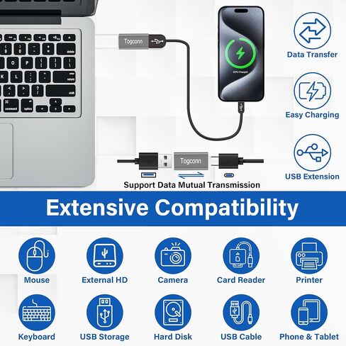 محول USB C إلى USB 3.0 (2 حزمة)، محول USB من النوع C (أنثى) إلى USB A (أنثى)، موصل تمديد USB عالي السرعة ثنائي الاتجاه يدعم الشحن ومزامنة البيانات in Kuwait
