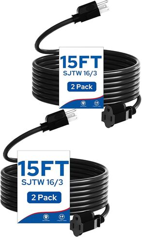 2-Pack Outdoor Extension Cord 6FT, 16/3 SJTW Durable Power Cable for Indoor and Outside Use, 3 Prong Grounded Outlets, for Halloween, Christmas Decor and Lights, Black, ETL Listed B02ECP206 in Saudi Arabia