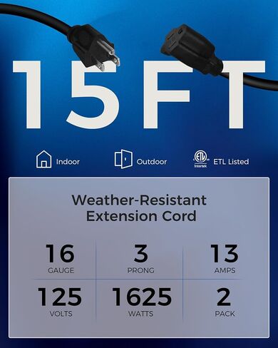 2-Pack Outdoor Extension Cord 6FT, 16/3 SJTW Durable Power Cable for Indoor and Outside Use, 3 Prong Grounded Outlets, for Halloween, Christmas Decor and Lights, Black, ETL Listed B02ECP206 in Saudi Arabia