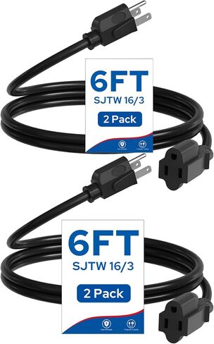 2-Pack Outdoor Extension Cord 6FT, 16/3 SJTW Durable Power Cable for Indoor and Outside Use, 3 Prong Grounded Outlets, for Halloween, Christmas Decor and Lights, Black, ETL Listed B02ECP206 in Saudi Arabia