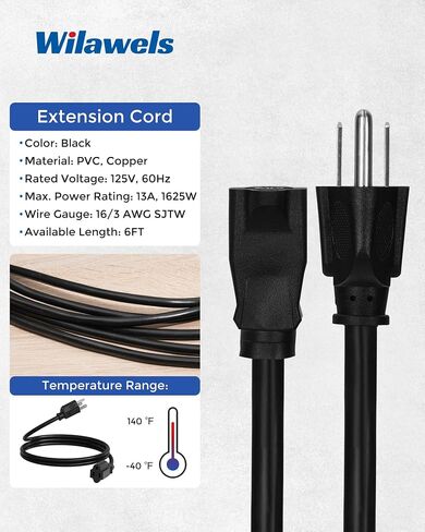 2-Pack Outdoor Extension Cord 6FT, 16/3 SJTW Durable Power Cable for Indoor and Outside Use, 3 Prong Grounded Outlets, for Halloween, Christmas Decor and Lights, Black, ETL Listed B02ECP206 in Saudi Arabia