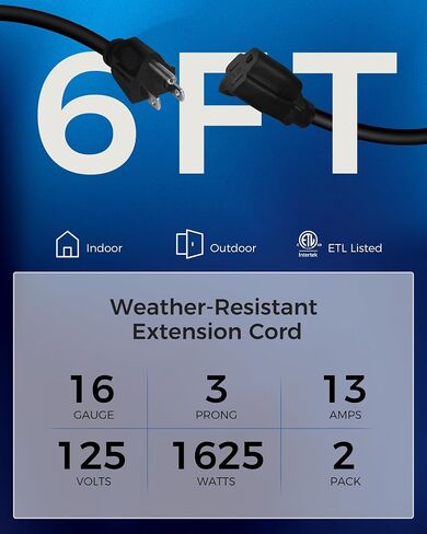 2-Pack Outdoor Extension Cord 6FT, 16/3 SJTW Durable Power Cable for Indoor and Outside Use, 3 Prong Grounded Outlets, for Halloween, Christmas Decor and Lights, Black, ETL Listed B02ECP206 in Saudi Arabia