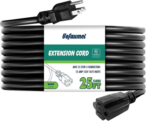 Extension Cord Outdoor & Indoor 3 ft Black Heavy Duty Extension Cords,12 Gauge 3 Prong SJTW 15AMP 1875W UL Listed Electric Cord, Waterproof Short Power Cable for Multiple Devices & Scenes in Saudi Arabia