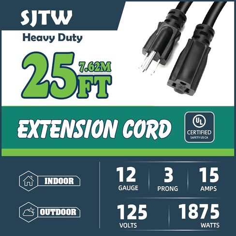 Extension Cord Outdoor & Indoor 3 ft Black Heavy Duty Extension Cords,12 Gauge 3 Prong SJTW 15AMP 1875W UL Listed Electric Cord, Waterproof Short Power Cable for Multiple Devices & Scenes in Saudi Arabia