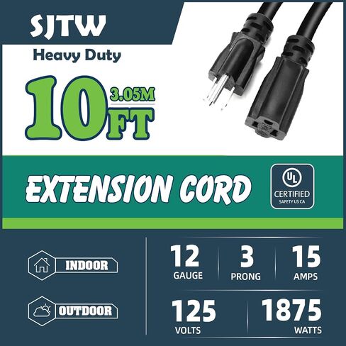 Extension Cord Outdoor & Indoor 3 ft Black Heavy Duty Extension Cords,12 Gauge 3 Prong SJTW 15AMP 1875W UL Listed Electric Cord, Waterproof Short Power Cable for Multiple Devices & Scenes in Saudi Arabia