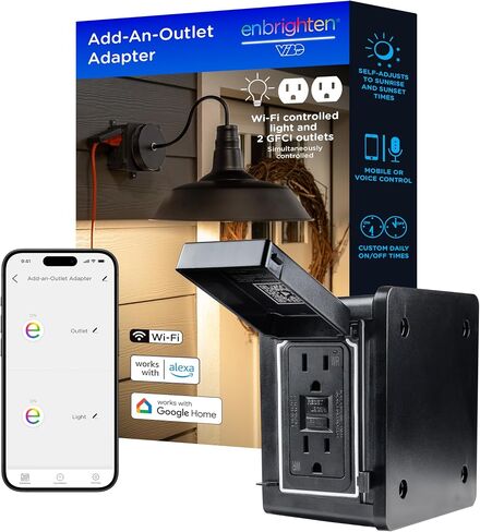 Enbrighten محول إضاءة Wi-Fi Add-an-Outlet، منفذ خارجي ذكي مع منفذين GFCI لأضواء الشرفة، وكاميرات الأمان، وأضواء العطلات، والديكور الموسمي، وسلك مباشر، أسود، 80753 in Saudi Arabia