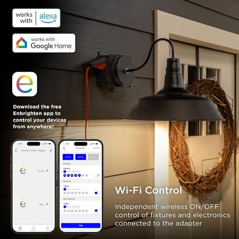 Enbrighten محول إضاءة Wi-Fi Add-an-Outlet، منفذ خارجي ذكي مع منفذين GFCI لأضواء الشرفة، وكاميرات الأمان، وأضواء العطلات، والديكور الموسمي، وسلك مباشر، أسود، 80753 in Saudi Arabia