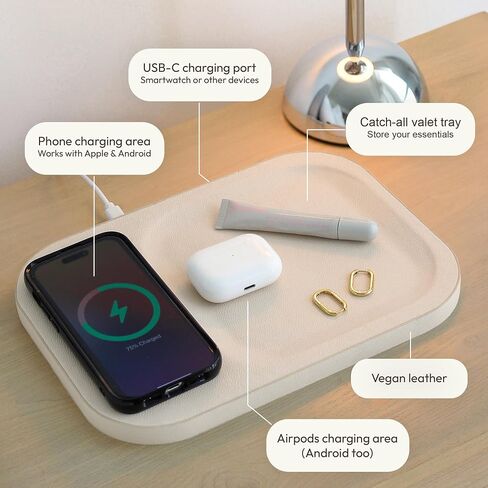 صينية شحن لاسلكية لجميع الأجهزة المتعددة، جلد نباتي، صينية شحن، متوافقة مع iPhone 15، 14، 13، 12، 11، X، SE، Galaxy S21، S20، Note، AirPods/Pro (كريمي) in Saudi Arabia