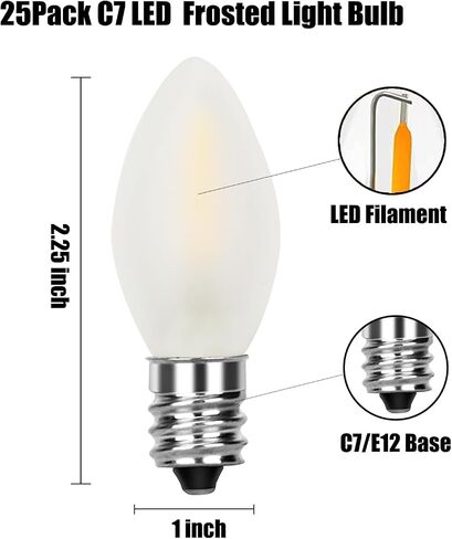 C7 Christmas Replacement Bulbs, Ceramic White LED Night Light for Window Candles & Chandeliers Replacement Bulb, Low Watt Candelabra Light Bulbs, 0.6W Equivalent 7W Incandescent Bulb, 25 Pack in Saudi Arabia