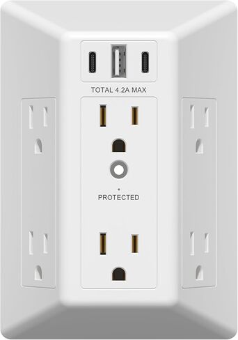 LIDER 6 Outlet Surge Protector Extender with 20W 4.2A 3 USB Type A/C Chargers, ETL Listed, Tamper-Resistant Receptacle, 1500 Joules, Multi Plug Wall Charger for Home Office, White in Saudi Arabia