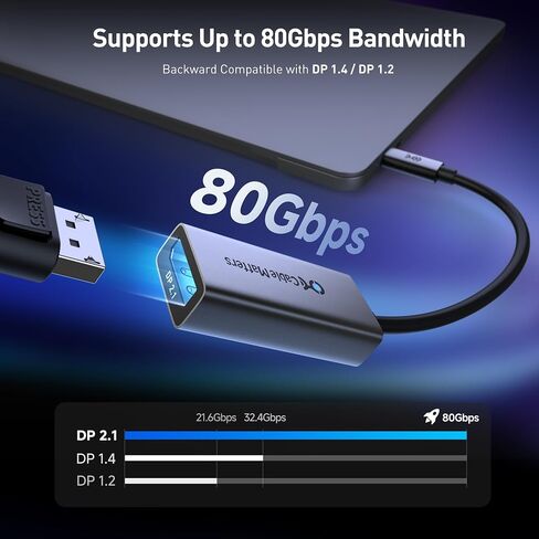 Cable Matters 80Gbps USB C to DisplayPort 2.1 Adapter, 16K@60hz, 8K@240hz, 4K@960Hz and HDR Support - Thunderbolt 5/4, USB4 Compatible with VR Headset, MacBook Pro, iPad Pro, XPS, Surface Pro in Saudi Arabia