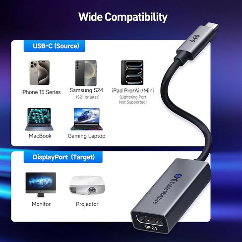 Cable Matters 80Gbps USB C to DisplayPort 2.1 Adapter, 16K@60hz, 8K@240hz, 4K@960Hz and HDR Support - Thunderbolt 5/4, USB4 Compatible with VR Headset, MacBook Pro, iPad Pro, XPS, Surface Pro in Saudi Arabia