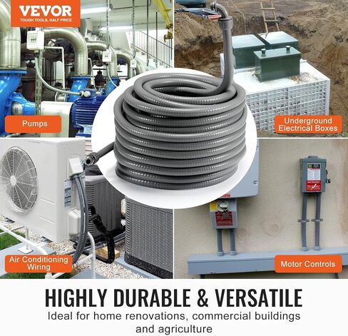 VEVOR 1/2-Inch (100FT) Flexible Electrical Conduit, PVC Liquid-Tight Conduit Non-Metallic with 5 Straight and 5 90-Degree Fittings, for Air Conditioning Motor Controller Pump, UL Certification, IP65 in Saudi Arabia