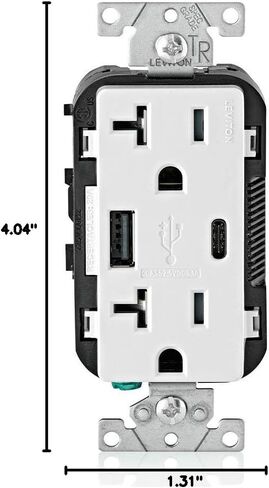 Leviton T5833-W Type A & Type-C USB In-Wall Charger with 20A Tamper-Resistant Outlet, USB Charger for Smartphones and Tablets. Not for Laptops, White in Saudi Arabia