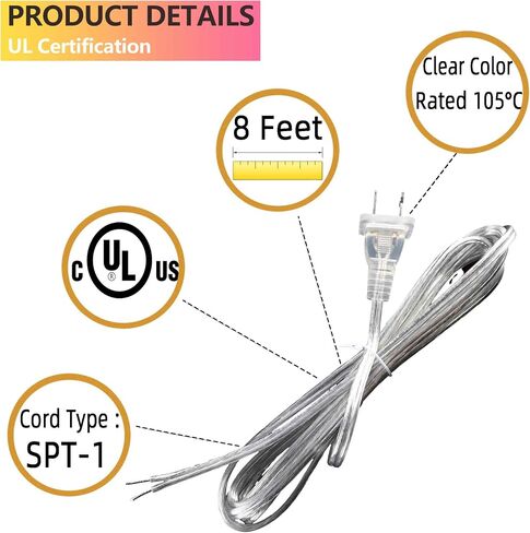 Clear Lamp Cord,8 Feet Length Silver Replacement Lamp Cords for Lamp Repair Fix DIY Project, Rewire Electrical Cable Cord with Plug, Tinned End Lead, SPT-1,18 Gauge (3) in Saudi Arabia