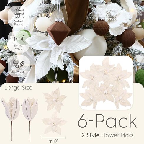 Sea Team 6-Pack Artificial Christmas Flower Ornaments, Flocked Fabric Poinsettia Set, Floral Decorations for Christmas Tree, Wreath, Garland, 10-Inch, Cream in Kuwait