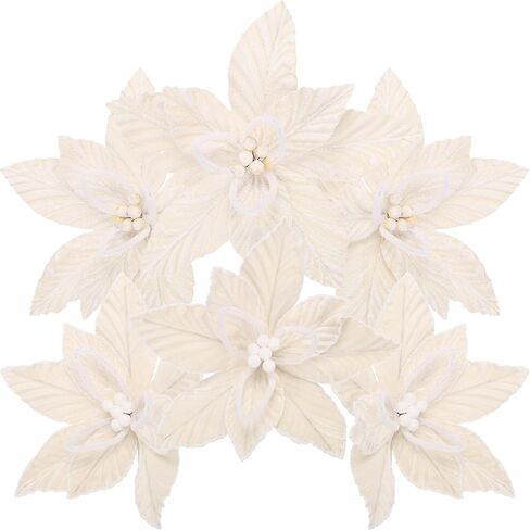 Sea Team 6-Pack Artificial Christmas Flower Ornaments, Flocked Fabric Poinsettia Set, Floral Decorations for Christmas Tree, Wreath, Garland, 10-Inch, Cream in Kuwait