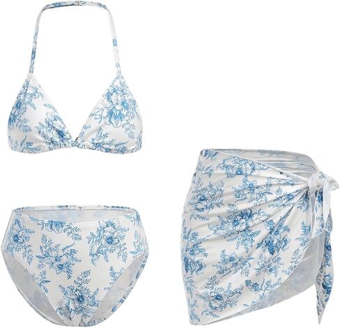 Girl's 3 Piece Triangle Bikini Set Floral Print Halter Bathing Suit with Cover Up Skirt in Saudi Arabia