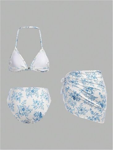 Girl's 3 Piece Triangle Bikini Set Floral Print Halter Bathing Suit with Cover Up Skirt in Saudi Arabia