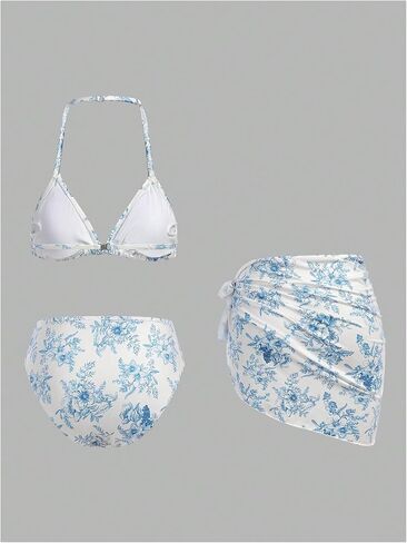 Girl's 3 Piece Triangle Bikini Set Floral Print Halter Bathing Suit with Cover Up Skirt in Saudi Arabia