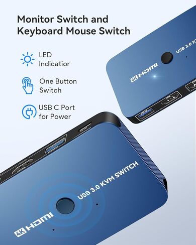 KVM Switch, ABLEWE Aluminum KVM Switch HDMI,KVM Switch for 2 Computers Sharing One Monitor and Mouse Keyboard Printer,Support 4K@60Hz,2 HDMI Cables and 2 USB Cables,USB C Charge Included in Saudi Arabia