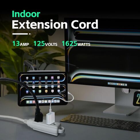 EP Low Profile 6 Ft Flat Plug Extension Cord - 16 AWG 3 Prong Grounded Cable with 3 Outlets, Perfect for Indoor Use, White, UL Listed in Saudi Arabia