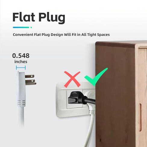 EP Low Profile 6 Ft Flat Plug Extension Cord - 16 AWG 3 Prong Grounded Cable with 3 Outlets, Perfect for Indoor Use, White, UL Listed in Saudi Arabia