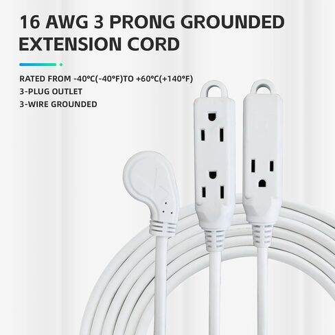 EP Low Profile 6 Ft Flat Plug Extension Cord - 16 AWG 3 Prong Grounded Cable with 3 Outlets, Perfect for Indoor Use, White, UL Listed in Saudi Arabia