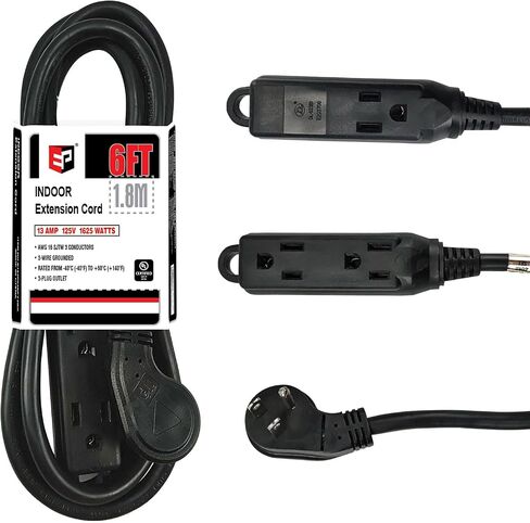 EP Low Profile 6 Ft Flat Plug Extension Cord - 16 AWG 3 Prong Grounded Cable with 3 Outlets, Perfect for Indoor Use, White, UL Listed in Saudi Arabia
