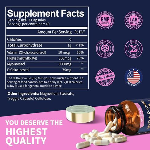Inositol Supplement for Women with Vitamin D3, Folate, 40:1 Ratio Myo-Inositol 3000mg & D-Chiro Inositol 75mg Complex, (Vitamin B8) Inositol Capsules, 120 Capsules, 40 Servings in Saudi Arabia