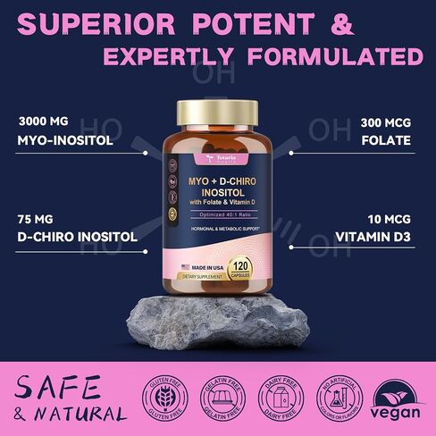 Inositol Supplement for Women with Vitamin D3, Folate, 40:1 Ratio Myo-Inositol 3000mg & D-Chiro Inositol 75mg Complex, (Vitamin B8) Inositol Capsules, 120 Capsules, 40 Servings in Saudi Arabia